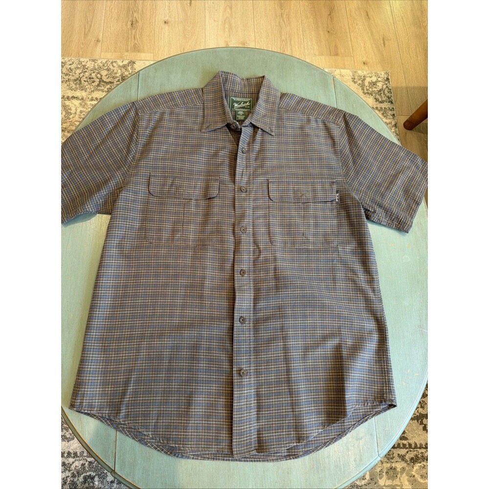 Woolrich Mens Large Plaid Button Up Shirt Short Sleeve Cotton Gray Blue 22577